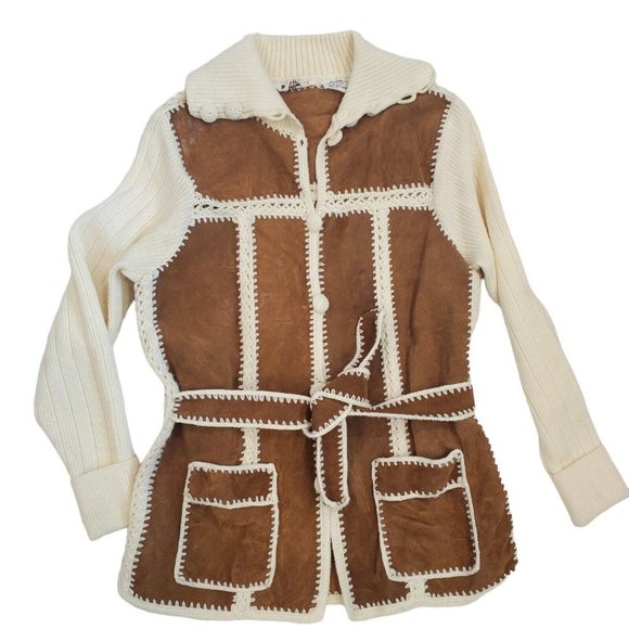 Vintage 70s Suede Knit Belted Cardigan Jacket Cream Brown Boho Western Sz‎ S/M